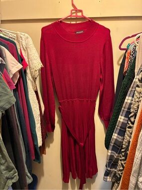 Nina Leonard Deep Red Long-Sleeve Knit Midi Dress